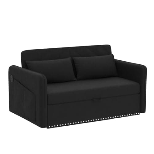 Modern Velvet Sleeper Sofa Bed with USB Port, Small 3-in-1 Convertible Loveseat Couch for Small Spaces, Black