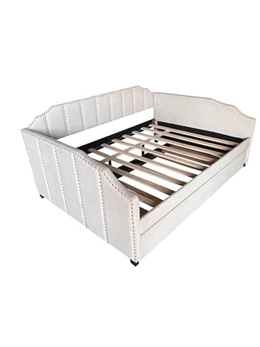 Beige Upholstered Daybed with Trundle & Wood Slat Support, Easy Assembly, Living & Guest Room