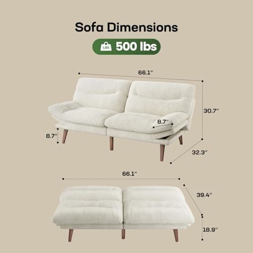 Marsail Corduroy Futon Sofa Bed with Adjustable Backrest & Armrests