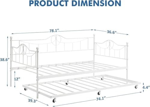 Modern Steel Slat Twin Daybed with Pull Out for Kids & Living Room, White