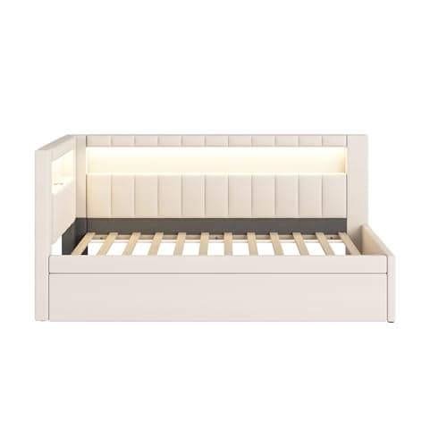 Twin Size White Daybed with Trundle and L-Shaped Bookshelf Headboard for Kids Boys Girls