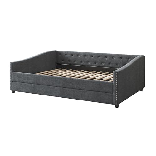 Twin Size Upholstered Daybed with Trundle - Dark Grey | Ultimate Guest Bed with Tufted Back and Piping Detail for Bedroom | No Box Spring Needed  
Twin Size Upholstered Daybed with Trundle - Dark Grey | Perfect Sofa Bed for Guest Room with Button Bac