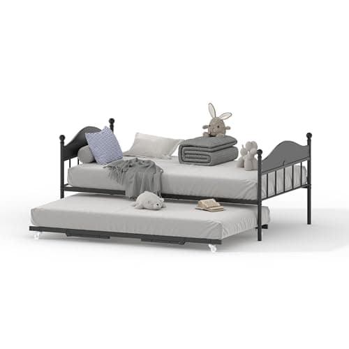 Stylish Metal Twin Size Daybed with Trundle for Living Room, Bedroom and Guest Room, Heavy Duty Steel Slats Platform, Black
| Pop Up Foldable Trundle Daybed with Headboard, Metal Twin Size Day Bed for Bedroom and Guest Room, Black
| Heavy Duty Steel
