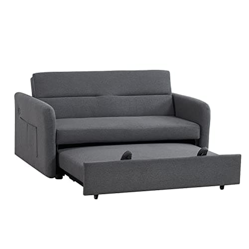 Antetek Convertible Sleeper Sofa Bed with 2 USB Port, 3 in 1 Modern Loveseat Couch with Pull-Out Bed, Small Love seat Sofa Bed with Adjustable Backrest & 2 Side Pockets (Grey)