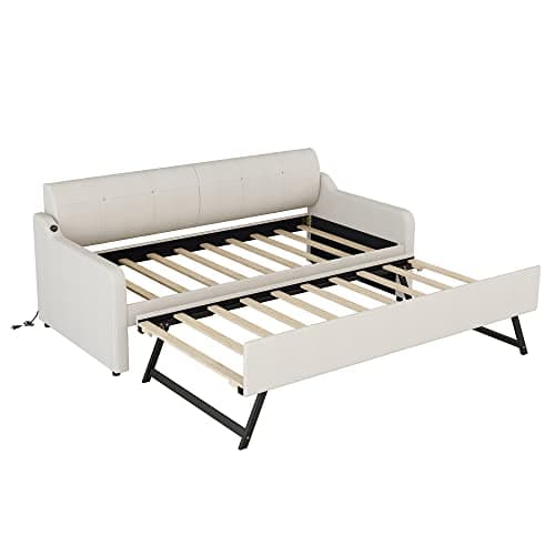 Beige Twin Size Daybed with Pop-up Trundle & Charging Station