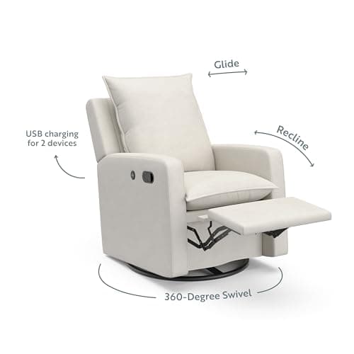 STORKCRAFT Ivory Timeless Reclining Glider with USB, Swivel Base, Foot Rest, Supportive Cushions