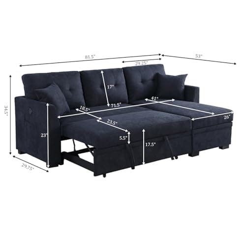 Ink Blue L-Shape Sofa with Storage & Pull-Out Bed USB Ports