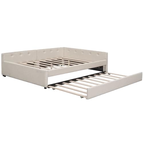 Modern Queen Upholstered Bed with Built-in USB, Beige Trundle Included