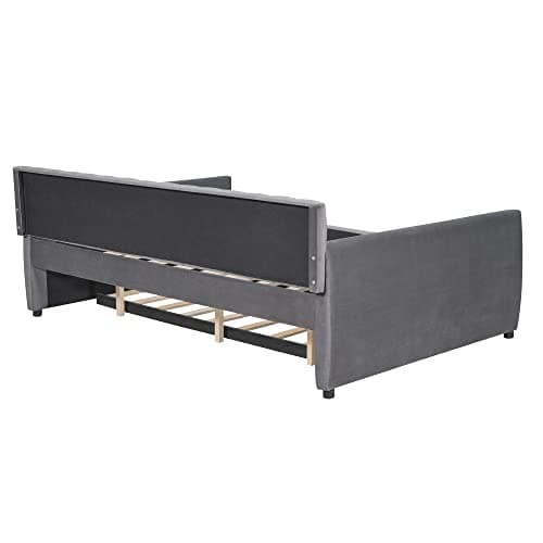 Upholstered Daybed with Trundle and Wood Slat Support, Gray