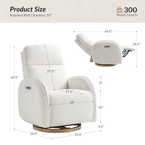 HULALA HOME Modern Power Recliner with USB & Nightlight, White