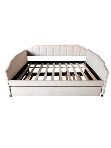 Beige Upholstered Daybed with Trundle & Wood Slat Support, Easy Assembly, Living & Guest Room
