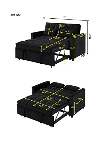 Antetek 3-in-1 Velvet Sleeper Sofa Bed, Black, 54"