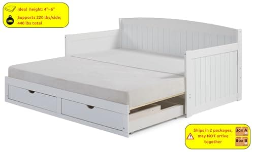 Alaterre Harmony Wood Daybed, Twin Size, White, 440 lbs Capacity, Kids Sleepover, 2 Drawers