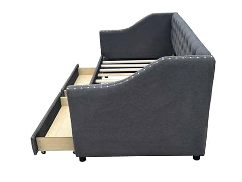 Twin Size Daybed with Storage & Linen Fabric, Wood Slat Support, Gray