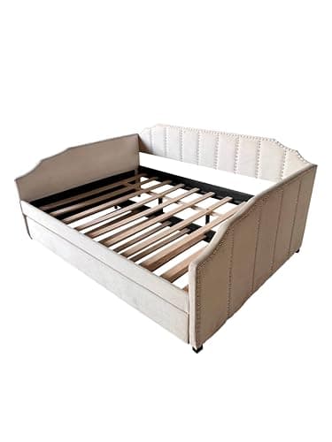 Beige Upholstered Daybed with Trundle & Wood Slat Support, Easy Assembly, Living & Guest Room