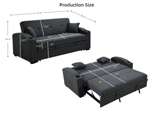 75" Queen Size Convertible Futon Couch with Pull Out Bed and Cup Holders, Blue