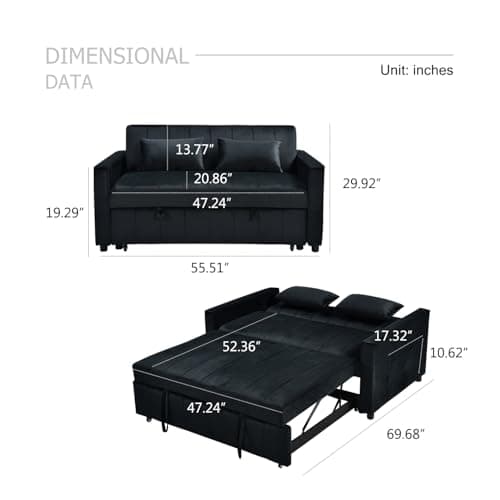Modern 55.51" Futon Sofa Bed with Pullout Bed & Adjustable Backrest (Black)