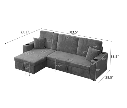 Reversible Storage Chaise Sleeper Sofa, 83.5" L-Shaped with Cup Holders & USB, Grey Corduroy