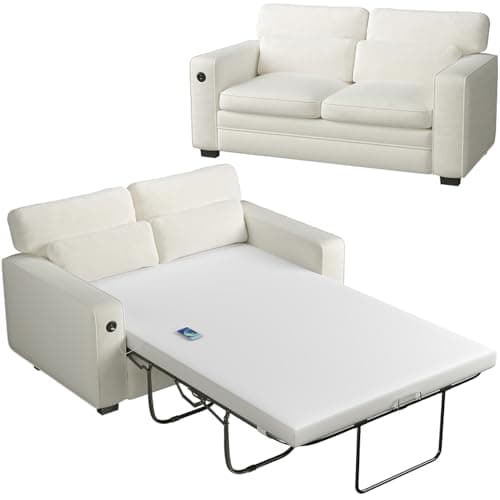Marsail Full Size Pull Out Sofa Bed with Memory Foam, 2 USB, Grey Chenille Fabric