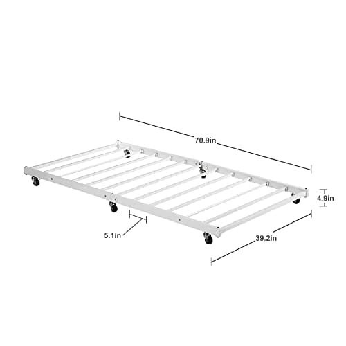 VECELO Twin Trundle Bed Frame with Lockable Casters & Enhanced Metal Support, White