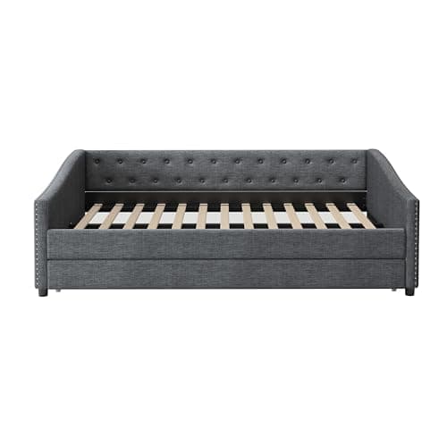Twin Size Upholstered Daybed with Trundle - Dark Grey | Ultimate Guest Bed with Tufted Back and Piping Detail for Bedroom | No Box Spring Needed  
Twin Size Upholstered Daybed with Trundle - Dark Grey | Perfect Sofa Bed for Guest Room with Button Bac