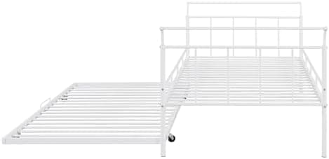 Twin Size Daybed with Trundle Twin, Heavy Duty Daybed with Curved Handle and Slats, Metal Daybed for Kids, Girls, Boys, No Box Spring Needed, White Day Bed Twin Size