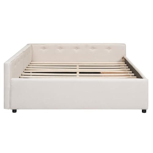 Linen Upholstered Beige Queen Daybed with Storage & Tufted Backrest