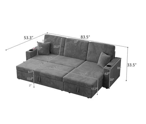 Reversible Storage Chaise Sleeper Sofa, 83.5" L-Shaped with Cup Holders & USB, Grey Corduroy