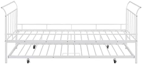 Twin Size Daybed with Trundle Twin, Heavy Duty Daybed with Curved Handle and Slats, Metal Daybed for Kids, Girls, Boys, No Box Spring Needed, White Day Bed Twin Size