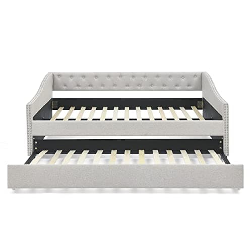 Full Size Upholstered Daybed with Trundle | Solid Wood Frame | Beige Tufted Button | Breathable Polyester Fabric | No Bo
