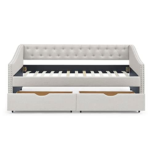 Beige Wood Twin Daybed with Storage & Button Design for Bedroom