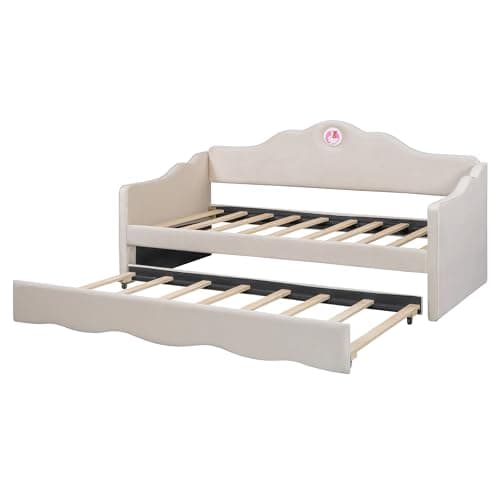 Beige Ball & Cast Upholstered Twin Daybed with Trundle & Wave Back Arm, Wood Slat Support
