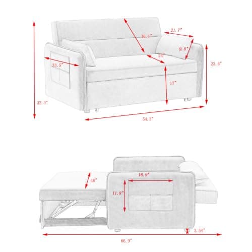 Modern Velvet 3-in-1 Sleeper Sofa Bed Love Seat with Reclining Backrest, Pillows, Pockets for Living Room Apartment