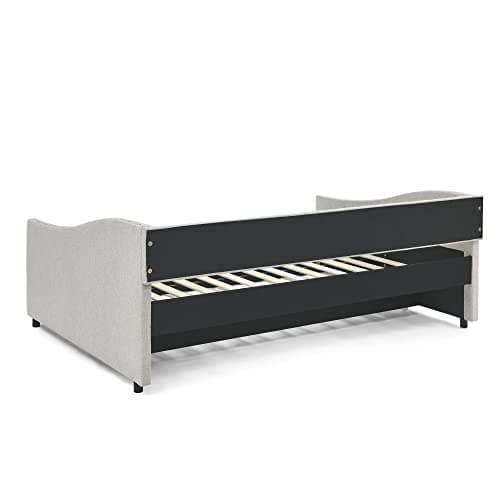 Full Size Upholstered Daybed with Trundle | Solid Wood Frame | Beige Tufted Button | Breathable Polyester Fabric | No Bo