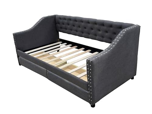 Twin Size Daybed with Storage & Linen Fabric, Wood Slat Support, Gray