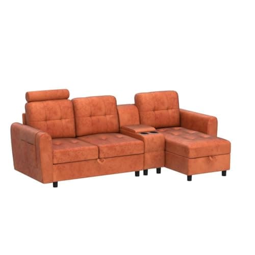 Velvet L-Shape Sectional Sofa with Storage and Cup Holders