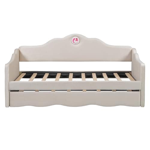 Beige Ball & Cast Upholstered Twin Daybed with Trundle & Wave Back Arm, Wood Slat Support