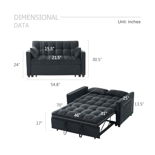 3-in-1 Velvet Sleeper Sofa Bed with Armrests & Storage, Adjustable Backrest, Black