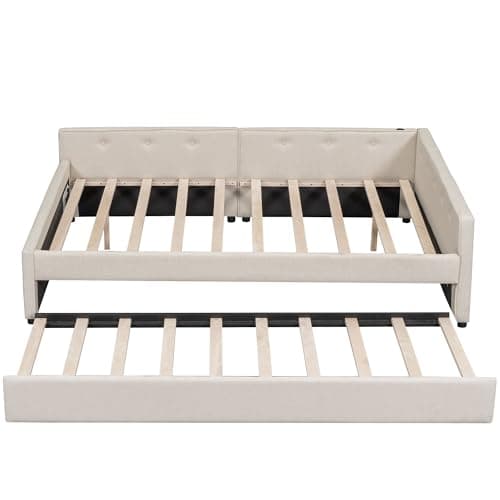 Modern Queen Upholstered Bed with Built-in USB, Beige Trundle Included