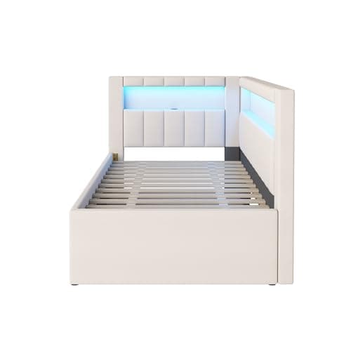 Twin Size White Daybed with Trundle and L-Shaped Bookshelf Headboard for Kids Boys Girls