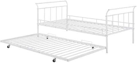 Twin Size Daybed with Trundle Twin, Heavy Duty Daybed with Curved Handle and Slats, Metal Daybed for Kids, Girls, Boys, No Box Spring Needed, White Day Bed Twin Size