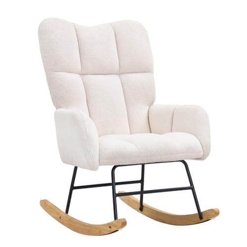 VEVOR Ivory White Teddy Fabric Glider Rocking Chair, Supportive Backrest, Up to 250 lbs