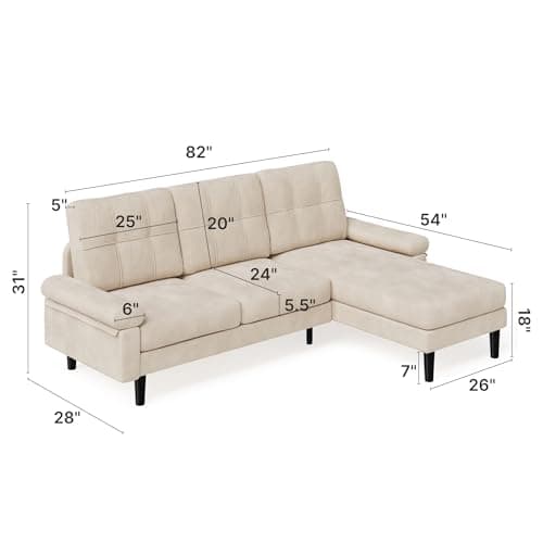 Beige 82" L Shaped Sectional Sofa, Soft Velvet, Modern living room couch