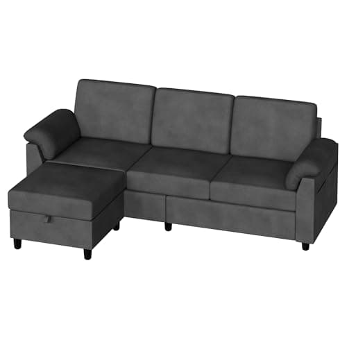 Vongrasig 79" L-Shaped Sectional with Storage Ottoman, Black Linen Fabric