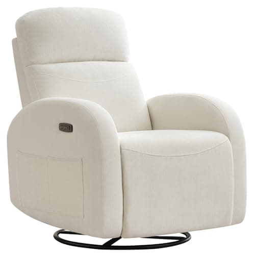 Cream White Power Recliner Glider with USB Ports & Double Pockets