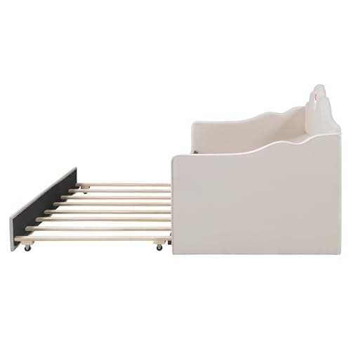 Beige Ball & Cast Upholstered Twin Daybed with Trundle & Wave Back Arm, Wood Slat Support