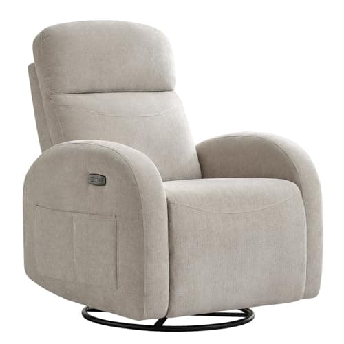 Cream White Power Recliner Glider with USB Ports & Double Pockets