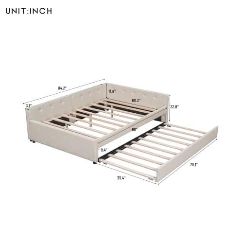 Modern Queen Upholstered Bed with Built-in USB, Beige Trundle Included