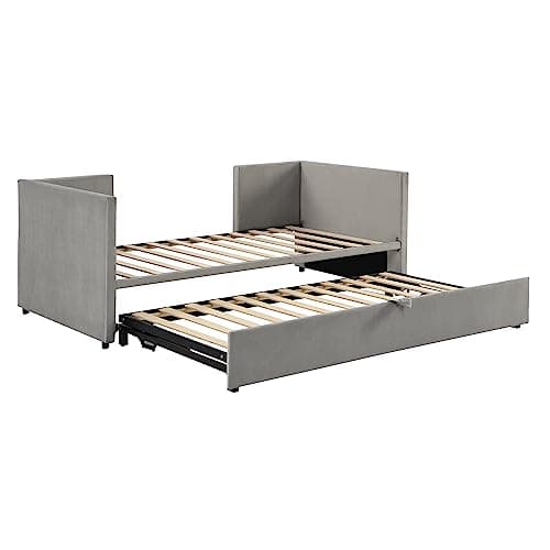 Harper & Bright Designs Grey Tufted Wood Slat Twin Daybed with Extendable Trundle