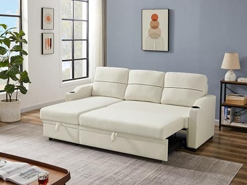 Eafurn Reversible Corduroy L-Shaped Sleeper Sectional With Chaise, USB Ports, Living Room Sofa Bed